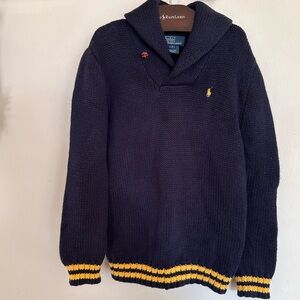 Vintage POLO Ralph Lauren Boys Navy Blue & Yellow Cowl Shawl Neck Knit Sweater 7